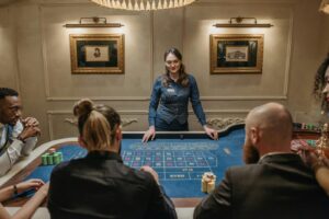 Exciting casino evening with a dealer hosting a roulette game.